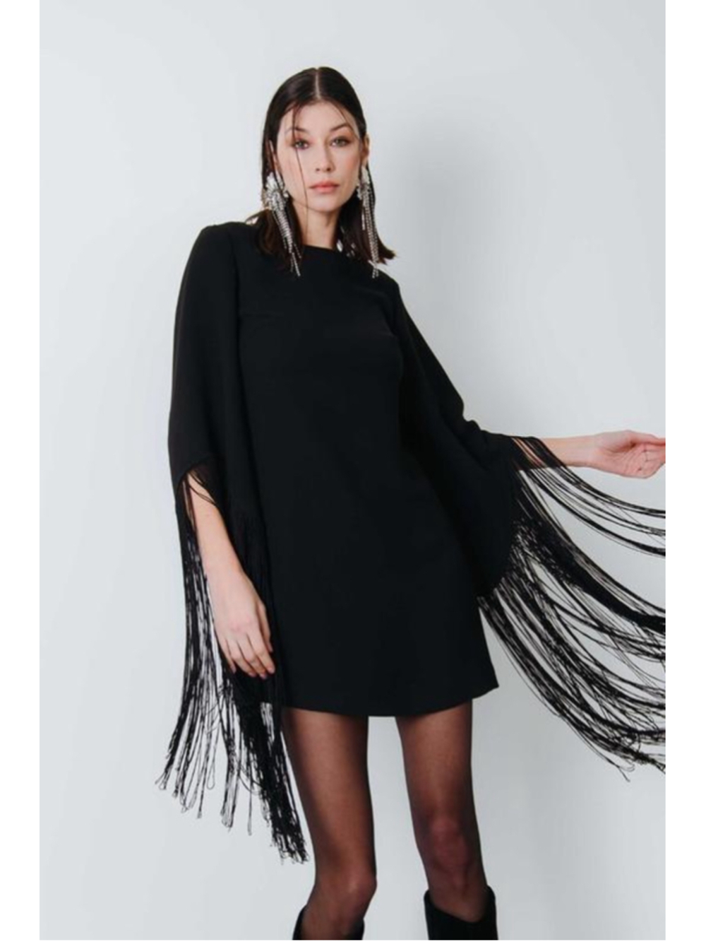 Designer Black Fringe Mini Dress Cocktail Party Dress
